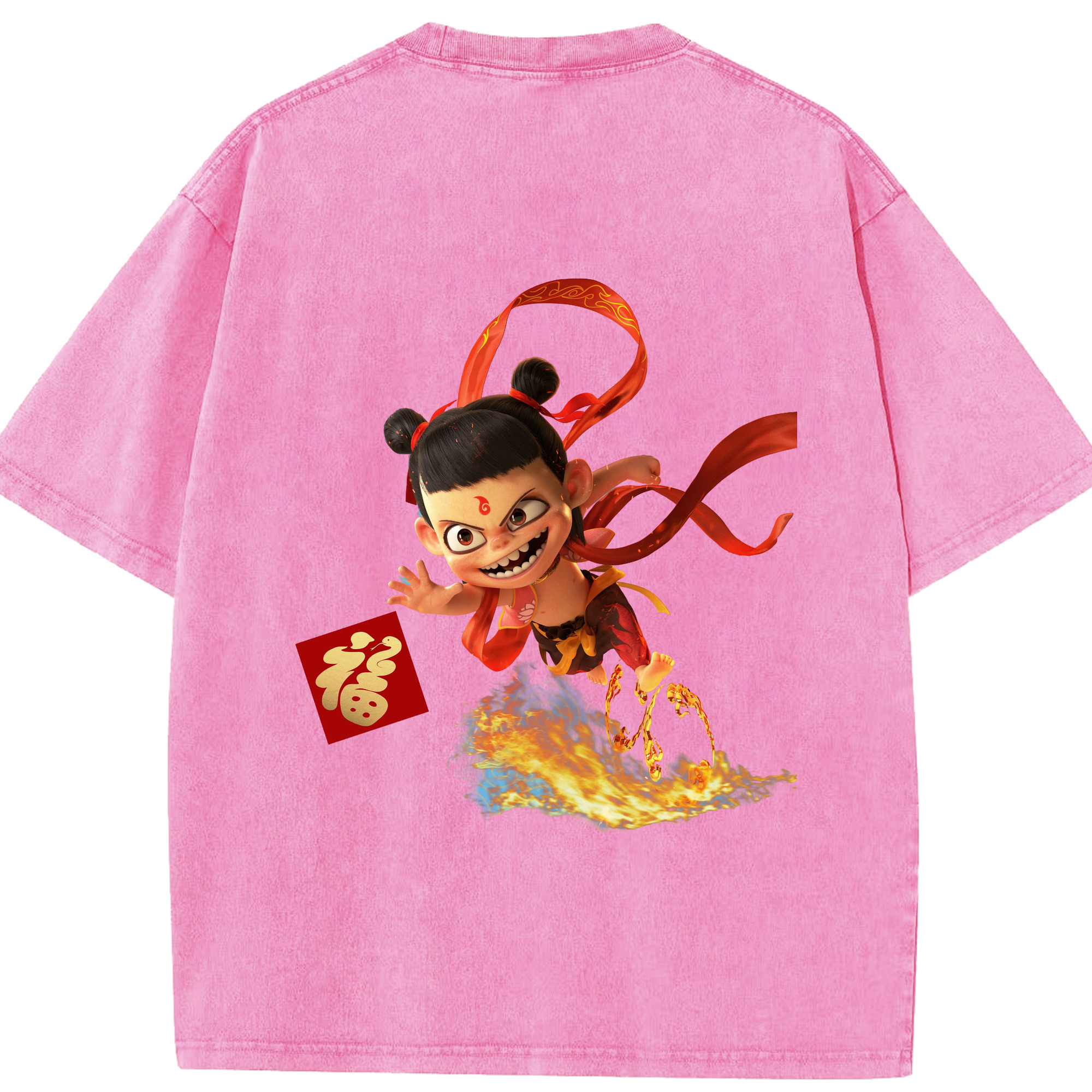 （画像用） Ne Zha 2 ナタ 魔童の大暴れ 綿100% ヴィンテージ風 半袖Tシャツ（背面プリント）